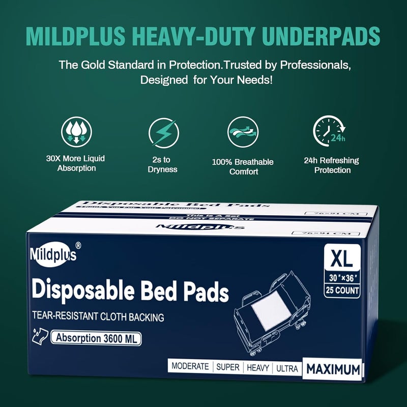 MILDPLUS Heavy Duty Underpads 30"X36", 25 Count, Ultra Absorbent Chucks Pads 130 Grams Disposable Bed Pads with Strength Cloth Backing Incontinence Pads for Adults, Kids or Pets - Image 4
